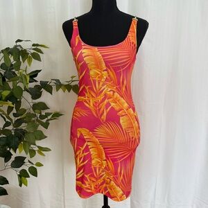 NWT Forever 21 Pink & Orange Tropical Leaf Print Mini Bodycon Dress Size Small